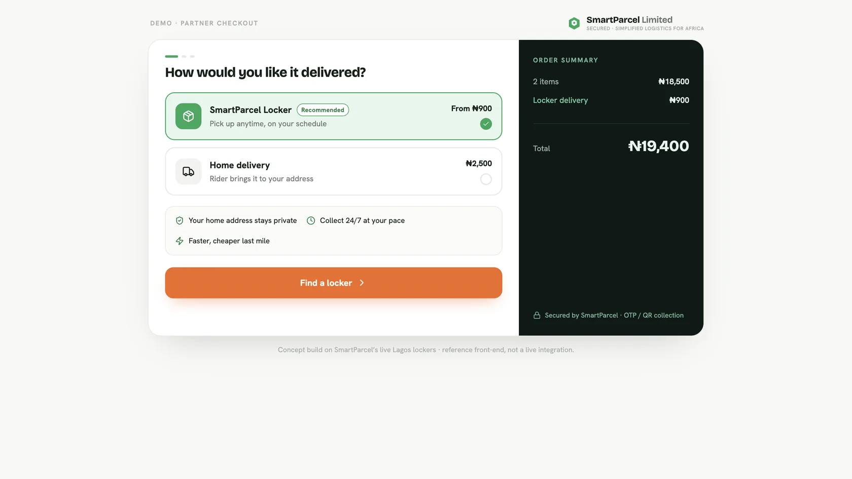 SmartParcel checkout demo screenshot